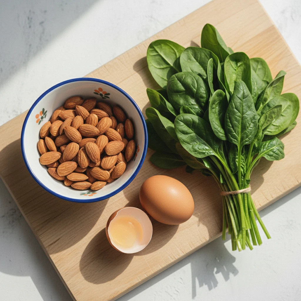 Eieren en groene bladgroenten op een houten snijplank, bronnen van B-vitaminen