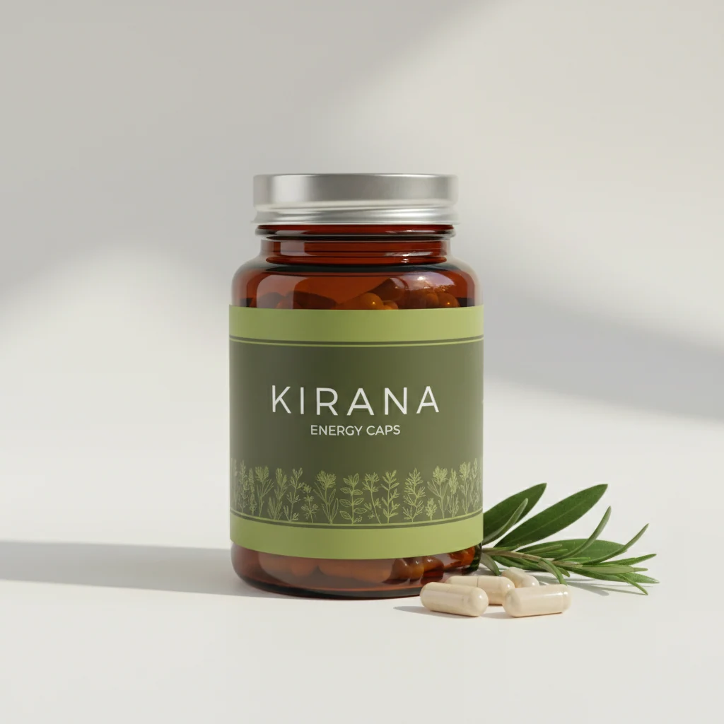 Kirana Energy Caps - amber glazen pot met zwart deksel, 90 capsules voedingssupplement